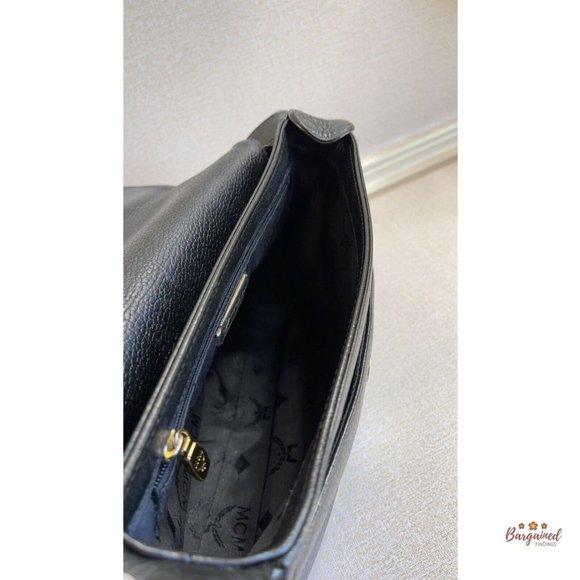 Authentic MCM Vintage Black Pebbled Leather Studded Logo  Auth MCM Vintage Black Pebbled Leather Studded Logo Motifs Flap Shoulder Bag